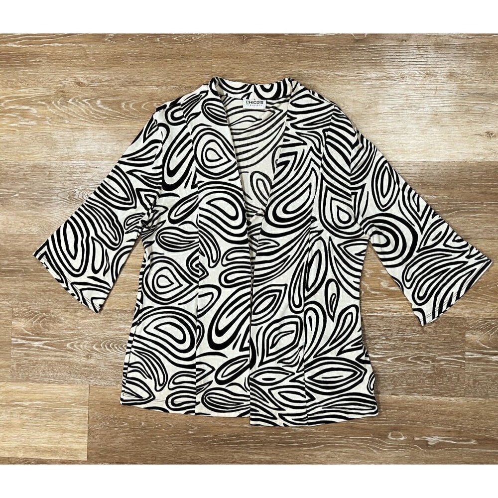Chico's 0 Sz S Black Slinky Psychedelic Geo Print Cardigan Jacket Pockets